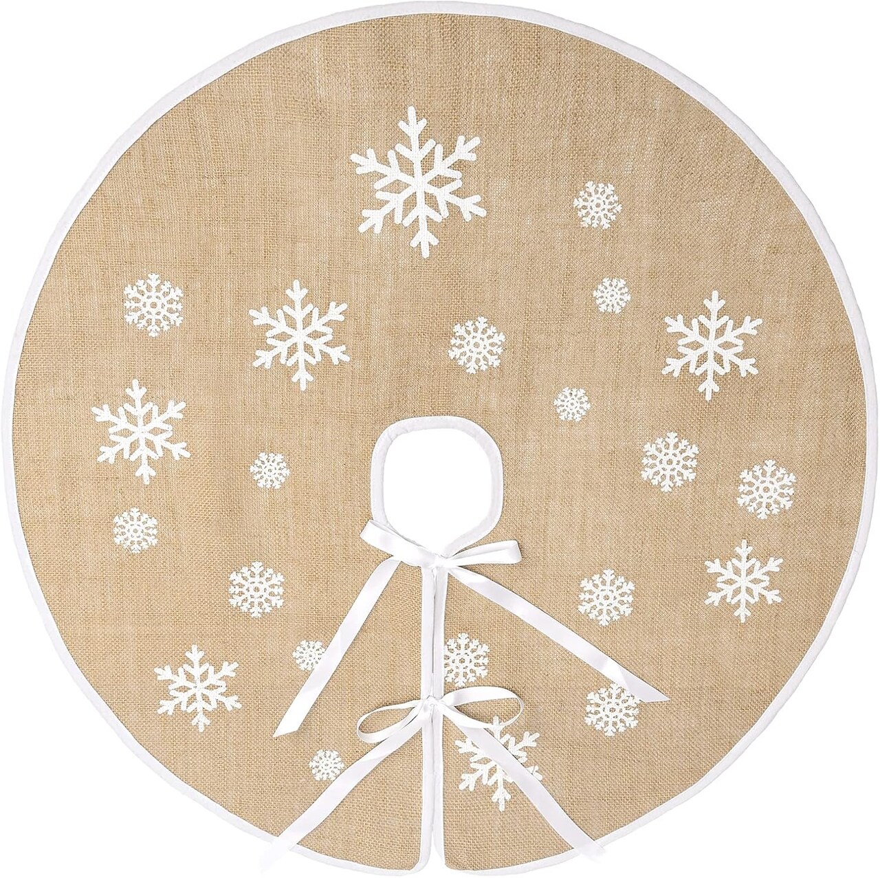 48 In Christmas Tree Skirt Countryside Burlap Tree Skirt White Snowflake Printed Xmas New Year Holiday Decorations Indoor Outdoor